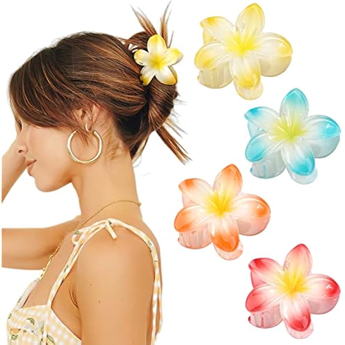 MiDoDo Hawaiian Flower Hair Clips for Women 4 Pack - Large Claw Clips for Thin and Thick Hair - Plumeria Beach Tropical Hair Accessories for Girls - Image 1